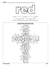 Free Easter cross color red coloring page and color worksheet, red worksheet for preschoolers to learn colors, printable PDF