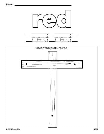 Free Easter cross color red coloring page and color worksheet, red worksheet for preschoolers to learn colors, printable PDF