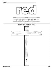 Free Easter cross color red coloring page and color worksheet, red worksheet for preschoolers to learn colors, printable PDF