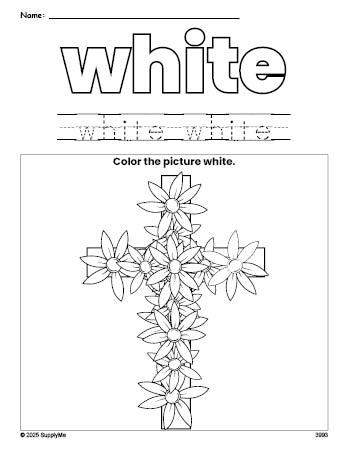 Free Easter cross color white coloring page and color worksheet, white worksheet for preschoolers to learn colors, printable PDF