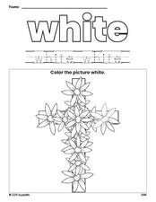 Free Easter cross color white coloring page and color worksheet, white worksheet for preschoolers to learn colors, printable PDF