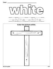 Free Easter cross color white coloring page and color worksheet, white worksheet for preschoolers to learn colors, printable PDF