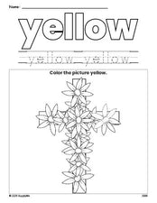 Free Easter cross color yellow coloring page and color worksheet, yellow worksheet for preschoolers to learn colors, printable PDF