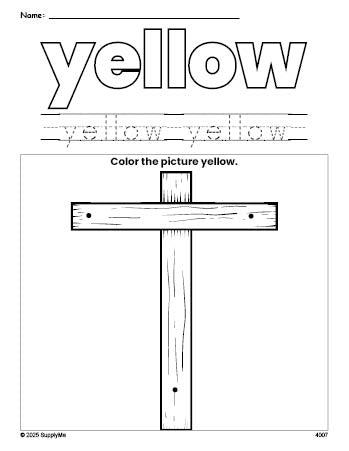 Free Easter cross color yellow coloring page and color worksheet, yellow worksheet for preschoolers to learn colors, printable PDF