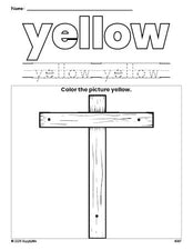 Free Easter cross color yellow coloring page and color worksheet, yellow worksheet for preschoolers to learn colors, printable PDF