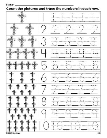 Free printable Easter cross counting worksheet for preschool and pre-k with number tracing practice 1-10, PDF