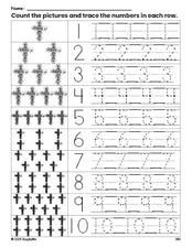 Free printable Easter cross counting worksheet for preschool and pre-k with number tracing practice 1-10, PDF