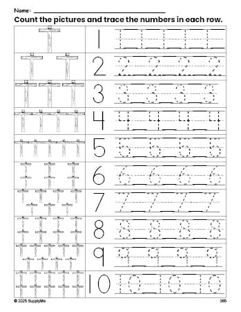 Free printable Easter cross counting worksheet for preschool and pre-k with number tracing practice 1-10, PDF