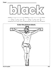 Free Easter crucifixion color black coloring page and color worksheet, black worksheet for preschoolers to learn colors, printable PDF