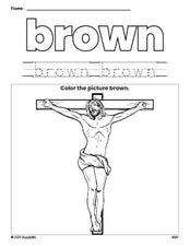 Free Easter crucifixion color brown coloring page and color worksheet, brown worksheet for preschoolers to learn colors, printable PDF