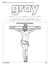 Free Easter crucifixion color gray coloring page and color worksheet, gray worksheet for preschoolers to learn colors, printable PDF