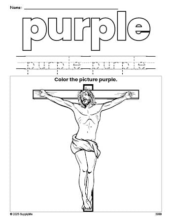 Free Easter crucifixion color purple coloring page and color worksheet, purple worksheet for preschoolers to learn colors, printable PDF