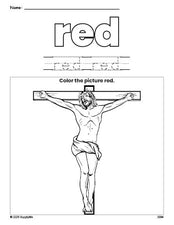 Free Easter crucifixion color red coloring page and color worksheet, red worksheet for preschoolers to learn colors, printable PDF