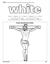 Free Easter crucifixion color white coloring page and color worksheet, white worksheet for preschoolers to learn colors, printable PDF