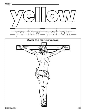 Free Easter crucifixion color yellow coloring page and color worksheet, yellow worksheet for preschoolers to learn colors, printable PDF