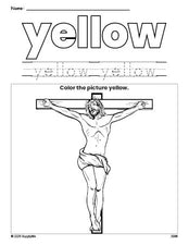 Free Easter crucifixion color yellow coloring page and color worksheet, yellow worksheet for preschoolers to learn colors, printable PDF