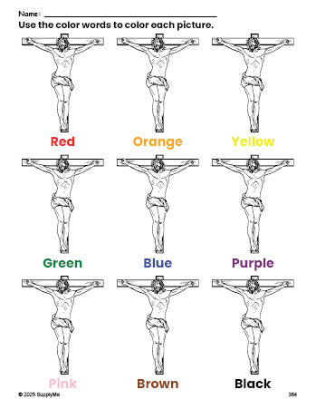 Free Easter crucifixion coloring page and color worksheet for preschoolers to learn colors, printable PDF