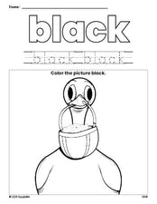 Free Easter duck color black coloring page and color worksheet, black worksheet for preschoolers to learn colors, printable PDF