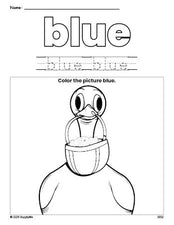 Free Easter duck color blue coloring page and color worksheet, blue worksheet for preschoolers to learn colors, printable PDF