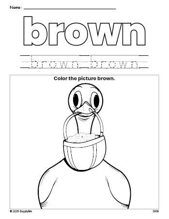 Free Easter duck color brown coloring page and color worksheet, brown worksheet for preschoolers to learn colors, printable PDF