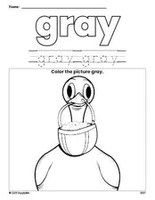 Free Easter duck color gray coloring page and color worksheet, gray worksheet for preschoolers to learn colors, printable PDF