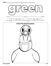 Free Easter duck color green coloring page and color worksheet, green worksheet for preschoolers to learn colors, printable PDF