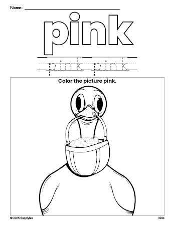 Free Easter duck color pink coloring page and color worksheet, pink worksheet for preschoolers to learn colors, printable PDF