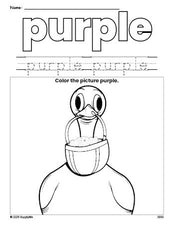 Free Easter duck color purple coloring page and color worksheet, purple worksheet for preschoolers to learn colors, printable PDF