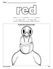 Free Easter duck color red coloring page and color worksheet, red worksheet for preschoolers to learn colors, printable PDF