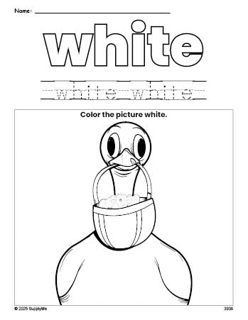 Free Easter duck color white coloring page and color worksheet, white worksheet for preschoolers to learn colors, printable PDF