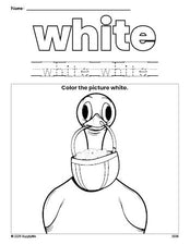 Free Easter duck color white coloring page and color worksheet, white worksheet for preschoolers to learn colors, printable PDF