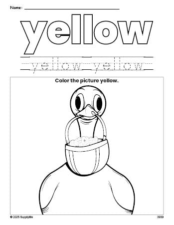 Free Easter duck color yellow coloring page and color worksheet, yellow worksheet for preschoolers to learn colors, printable PDF