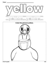 Free Easter duck color yellow coloring page and color worksheet, yellow worksheet for preschoolers to learn colors, printable PDF