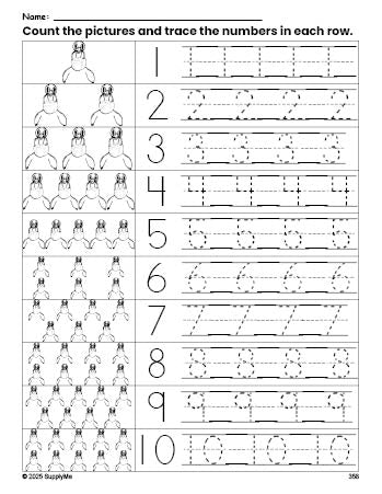 Free printable Easter duck counting worksheet for preschool and pre-k with number tracing practice 1-10, PDF