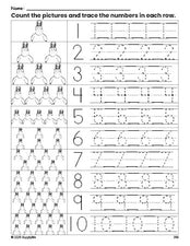 Free printable Easter duck counting worksheet for preschool and pre-k with number tracing practice 1-10, PDF