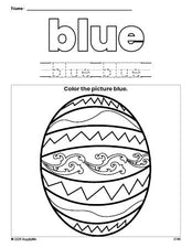 Free Easter egg color blue coloring page and color worksheet, blue worksheet for preschoolers to learn colors, printable PDF