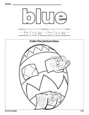 Free Easter egg color blue coloring page and color worksheet, blue worksheet for preschoolers to learn colors, printable PDF