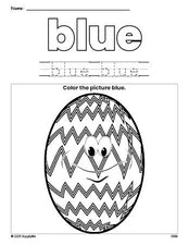 Free Easter egg color blue coloring page and color worksheet, blue worksheet for preschoolers to learn colors, printable PDF