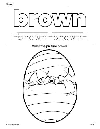 Free Easter egg color brown coloring page and color worksheet, brown worksheet for preschoolers to learn colors, printable PDF