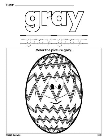 Free Easter egg color gray coloring page and color worksheet, gray worksheet for preschoolers to learn colors, printable PDF