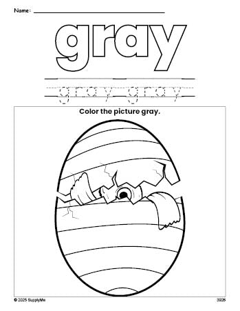 Free Easter egg color gray coloring page and color worksheet, gray worksheet for preschoolers to learn colors, printable PDF