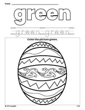 Free Easter egg color green coloring page and color worksheet, green worksheet for preschoolers to learn colors, printable PDF