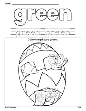 Free Easter egg color green coloring page and color worksheet, green worksheet for preschoolers to learn colors, printable PDF