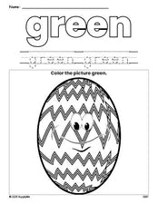 Free Easter egg color green coloring page and color worksheet, green worksheet for preschoolers to learn colors, printable PDF