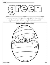 Free Easter egg color green coloring page and color worksheet, green worksheet for preschoolers to learn colors, printable PDF