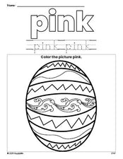 Free Easter egg color pink coloring page and color worksheet, pink worksheet for preschoolers to learn colors, printable PDF