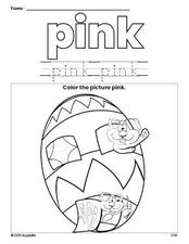 Free Easter egg color pink coloring page and color worksheet, pink worksheet for preschoolers to learn colors, printable PDF