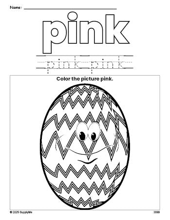 Free Easter egg color pink coloring page and color worksheet, pink worksheet for preschoolers to learn colors, printable PDF