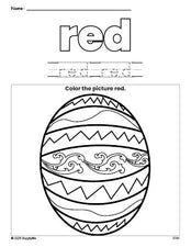 Free Easter egg color red coloring page and color worksheet, red worksheet for preschoolers to learn colors, printable PDF