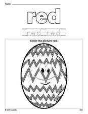 Free Easter egg color red coloring page and color worksheet, red worksheet for preschoolers to learn colors, printable PDF